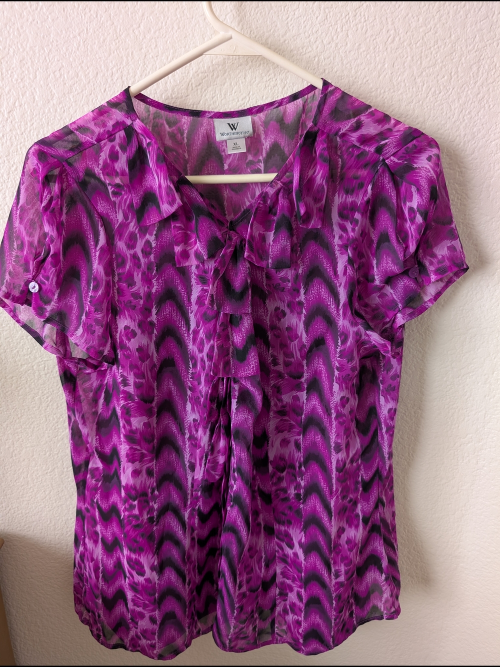 Worthington Purple Printed Tie-Neck Blouse